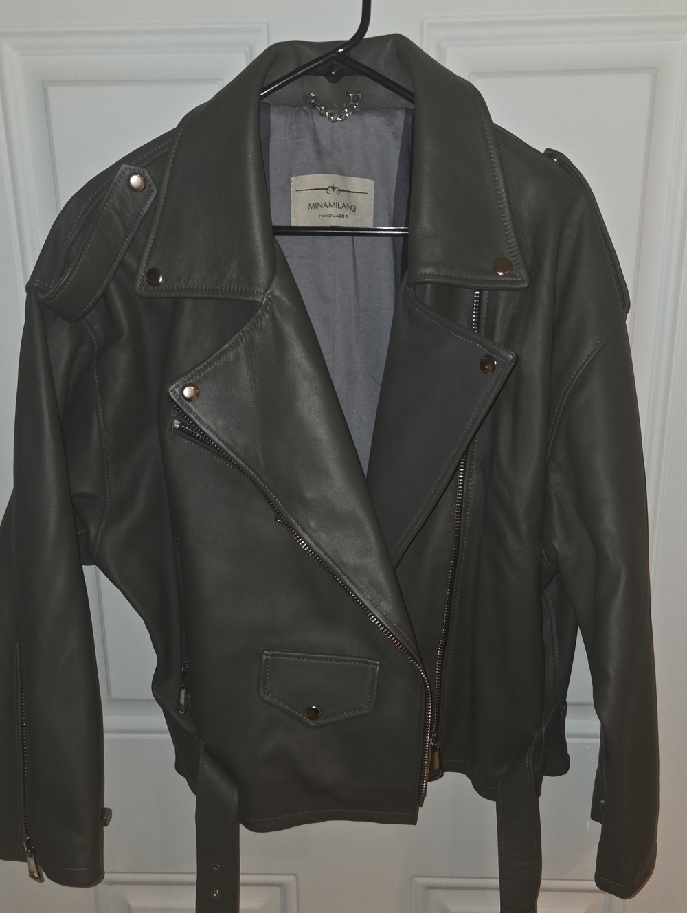 MinaMilano Handmade Olive Green Leather Moto Biker Jacket